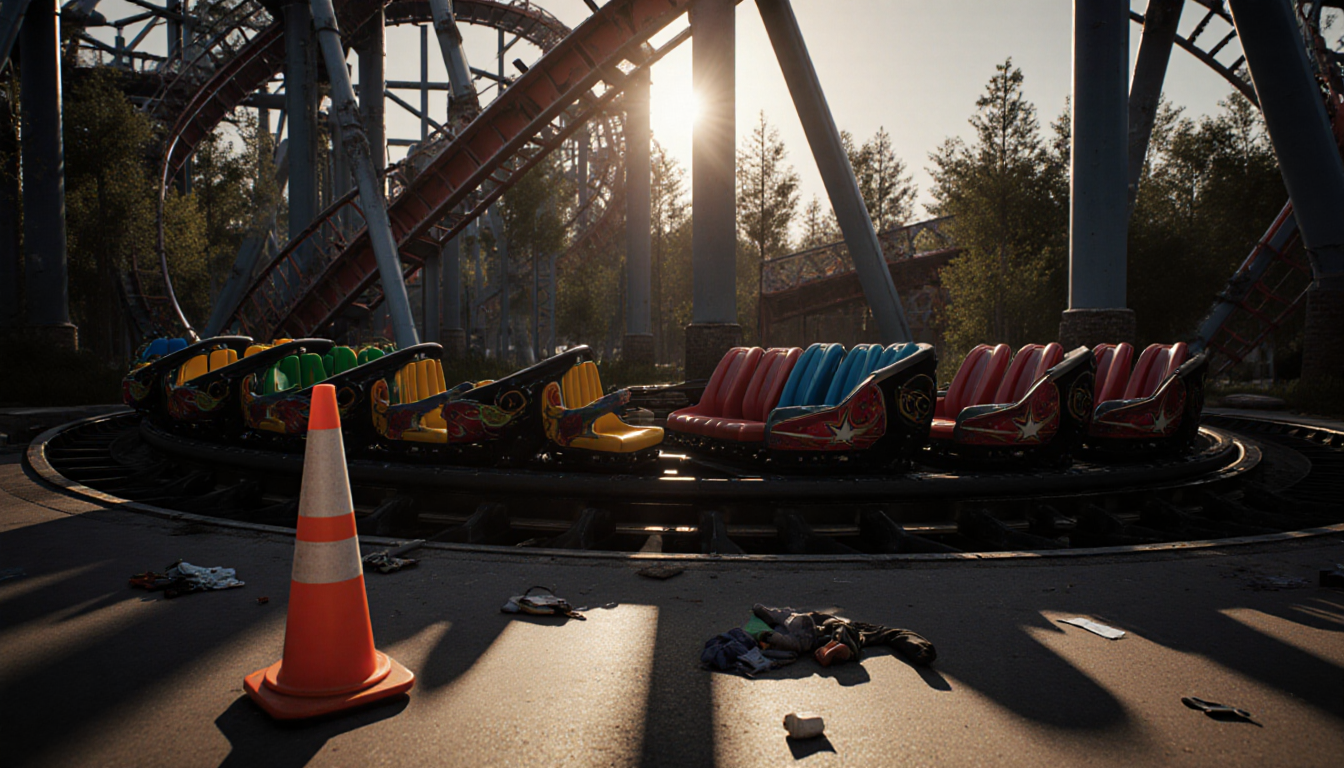 Stardust Racers roller coaster stands idle with empty cars, colorful tracks, and scattered belongings in foreground.