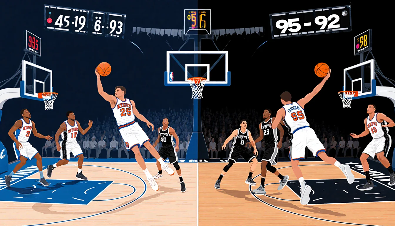 Knicks and Spurs players trade baskets in a split-screen basketball game with a 95‑92 scoreboard and clock ticking down