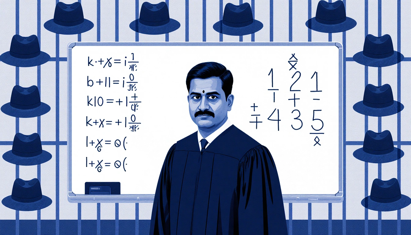 Judge Arun Subramanian standing before a whiteboard with equations and juror hats around the courtroom walls